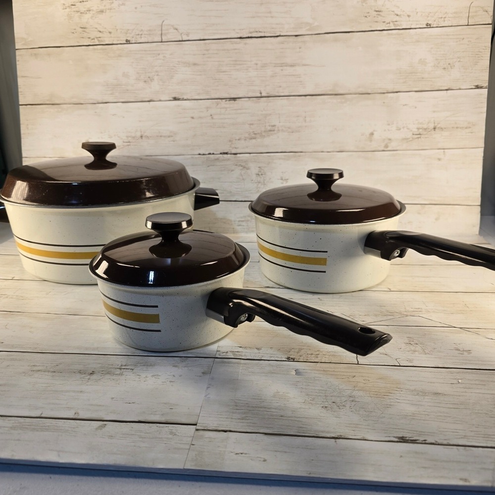 Vintage West Bend Enamelware 6pc Set Pots Pans Dutch Oven Cream Brown Stripe USA